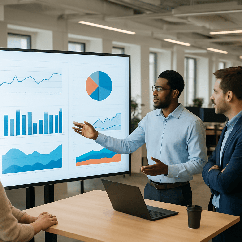 A data analyst presenting a business intelligence dashboard to colleagues in a modern UK office