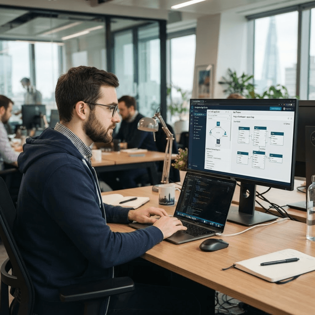 Developer building an Oracle APEX enterprise application with a database schema visible on a second monitor