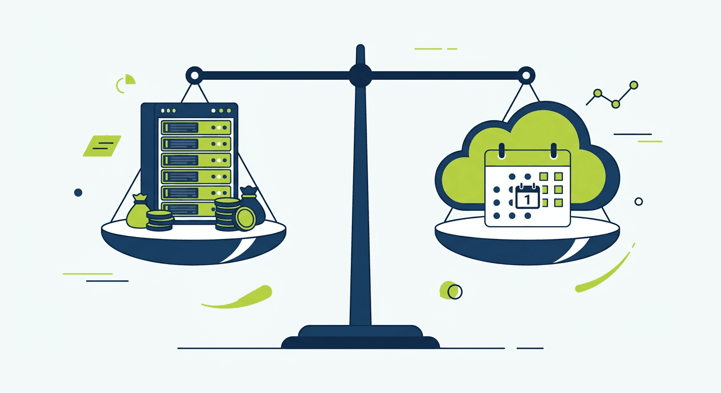 Balance scale comparing on-premises Oracle EBS costs with Oracle Fusion Cloud subscription costs