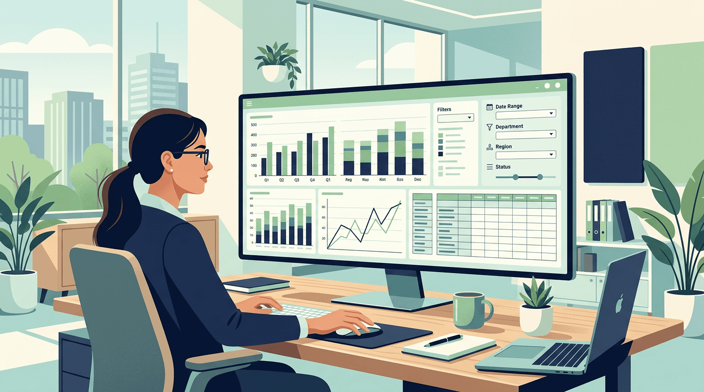 Finance analyst reviewing a live OTBI self-service reporting dashboard