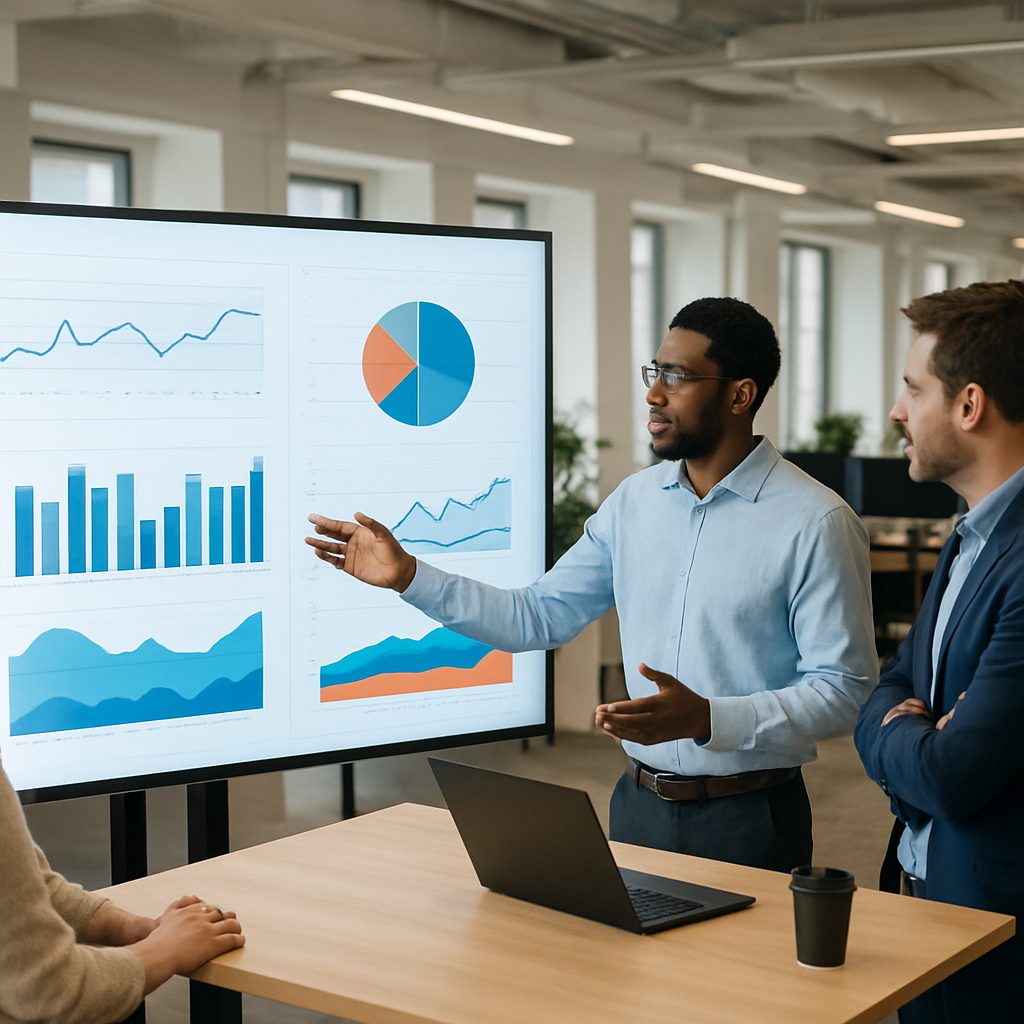 A data analyst presenting a business intelligence dashboard to colleagues in a modern UK office