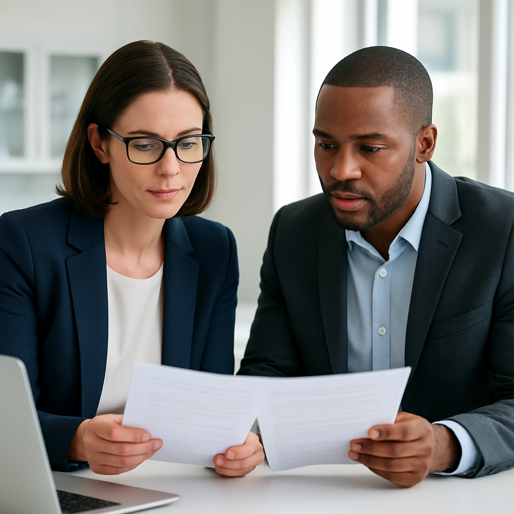 Pharmaceutical IT compliance manager and Oracle consultant reviewing validation documentation in a UK life sciences office
