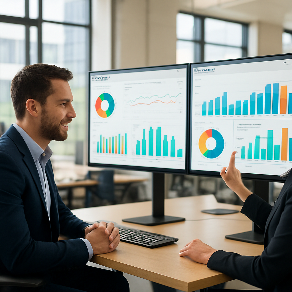 Finance team reviewing Oracle analytics dashboards on large monitors in a modern UK corporate office