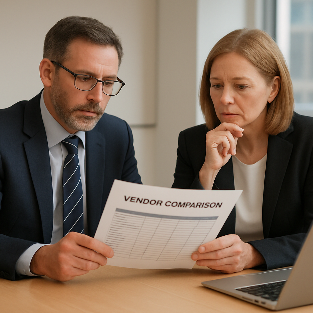 UK IT director and procurement manager reviewing a vendor comparison document in a modern meeting room
